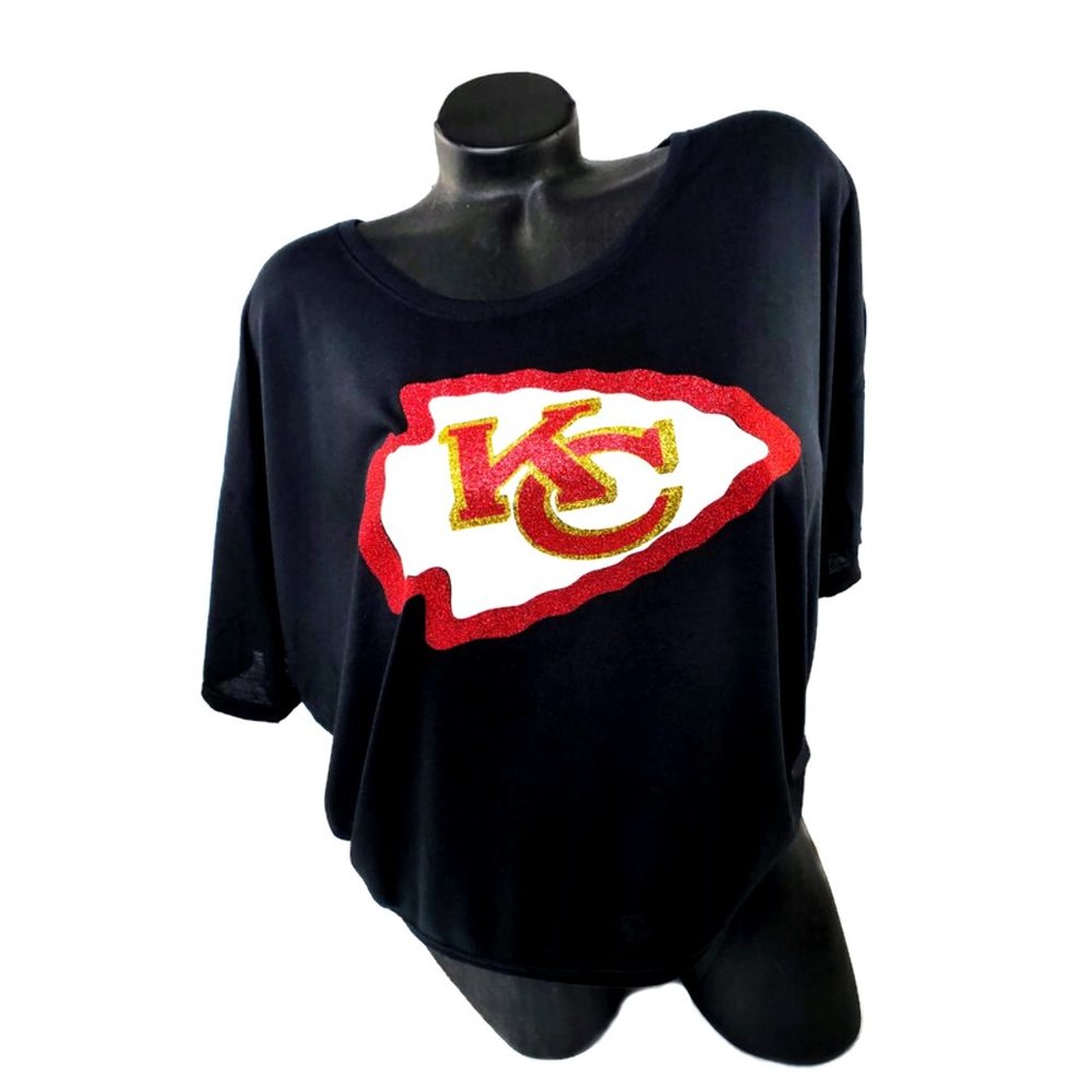 KC Football Black Slouchy Tee with Shiny Glitter Lettering.